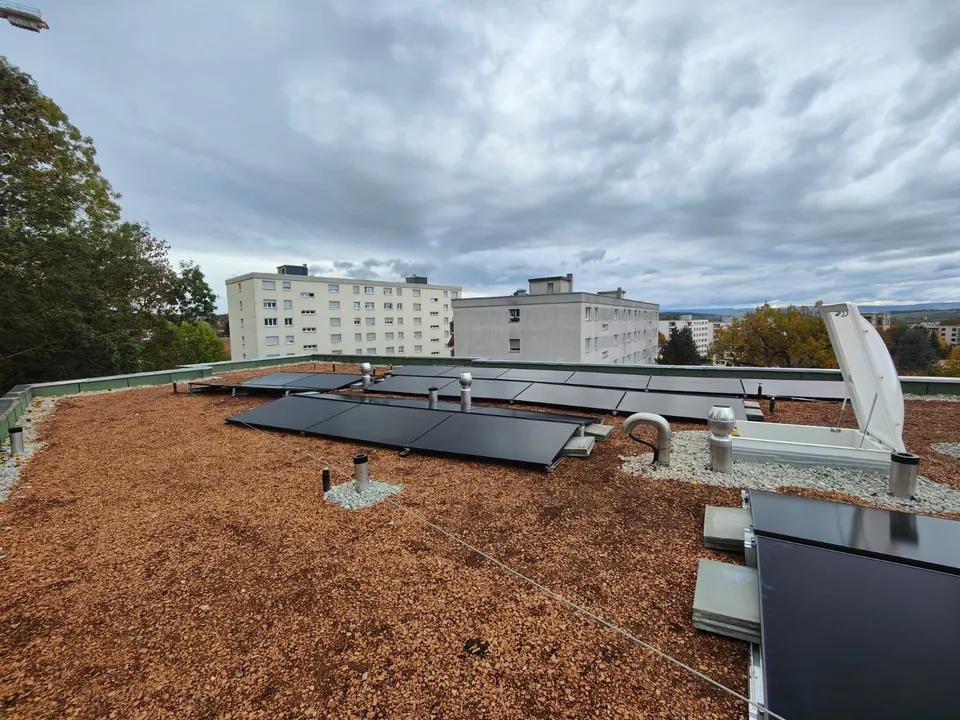 Modules solaires noirs sur le toit plat végétalisé d’un immeuble neuf à Fribourg (environs : quartier urbain) – autre vue