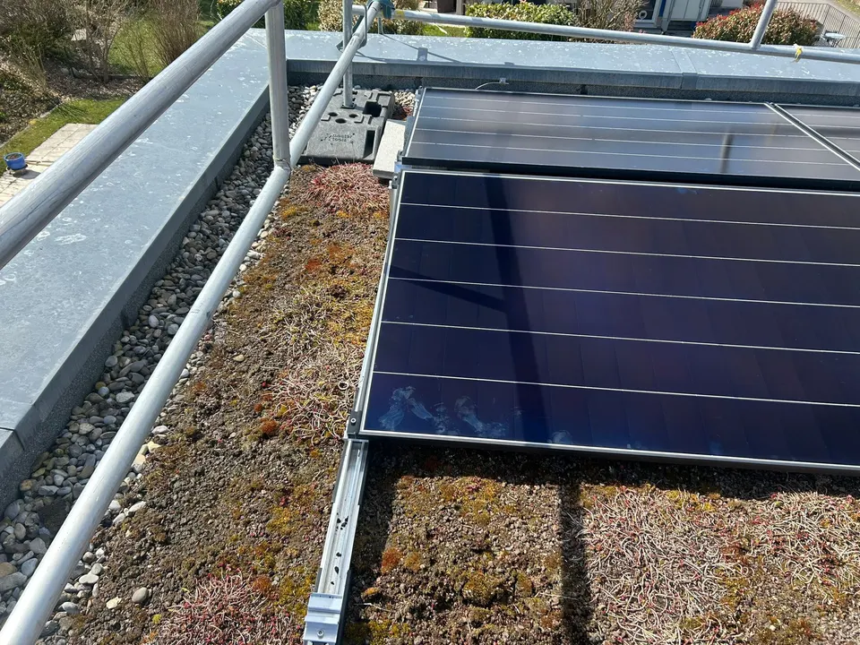 Schwarze Solarmodule auf dem begrünten Flachdach eines Einfamilienhauses in Formengueires