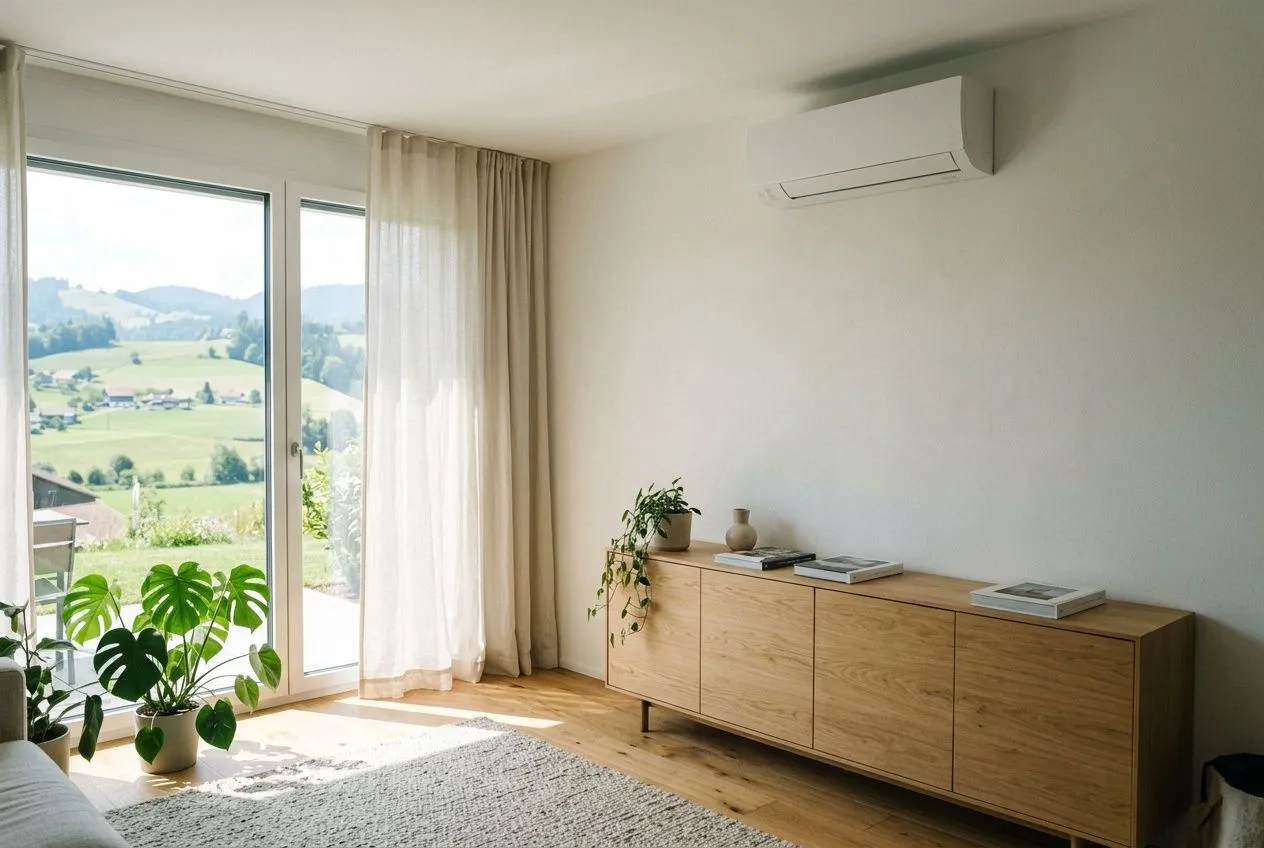 Image d’illustration : climatiseur split au mur d’un séjour lumineux avec vue sur la campagne