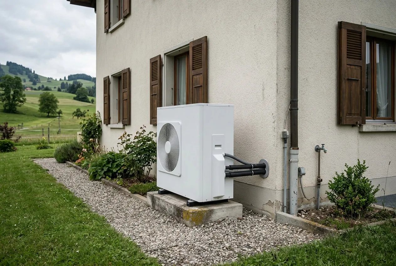 Image d’illustration : pompe à chaleur air-eau sur un socle à côté d’une maison individuelle à volets, collines vertes en arrière-plan